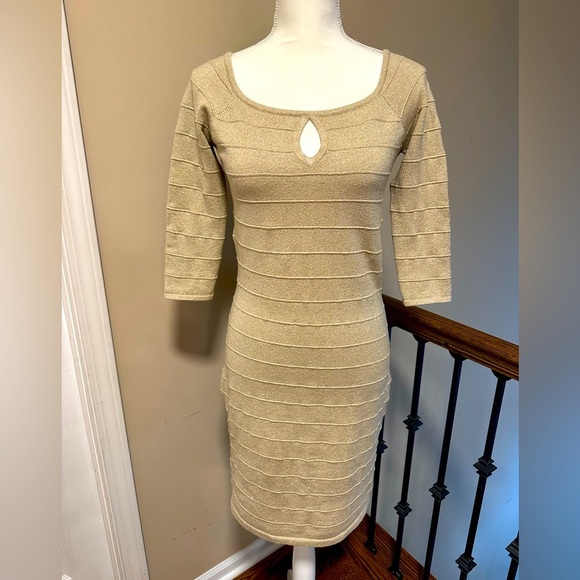 Express Dresses & Skirts - Express Metallic Gold Bodycon Sweater Dress Keyhole Neck 3/4 Sleeve Size Medium